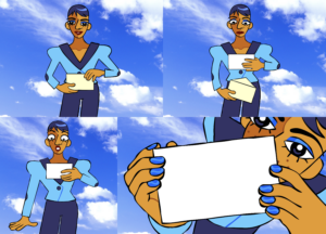 Four panels of Rue Meringue from the Jackbox party game Roomerang (with a Windows XP Bliss sky in the background): 1. She is about to pull a card out of an envelope. 2. She is looking at the card while holding an empty envelope. 3. She looks surprised at the sight of the card, dropping the envelope. 4. She comes close and turns the blank card to the viewer (this is where the memer puts an image).