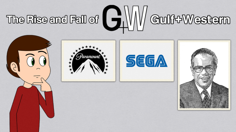 A thumbnail showing Savvy Sage at a museum-like place, looking at some framed pictures of the Paramount and Sega logos side-by-side, with a portrait of Charles Bluhdorn (from the book "The Gulf+Western Story") on the right side. The title "The Rise and Fall of Gulf & Western" is seen at the top.