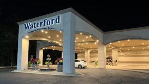 The entrance to the Waterford Banquet & Conference Center in Elmhurst, Illinois, taken at the end of the first day of VCFMW 2023 at night.